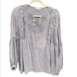 Boho Chic Gray Chambray blouse with embroidery
